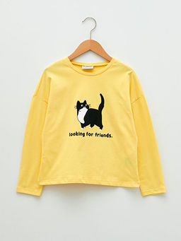 Bisiklet Yaka Bask?l? Uzun Kollu K?z ?ocuk Ti??rt