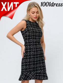 Платье черное в клетку твидовое длины мини без рукавов