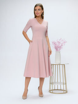 Платье розовое длины миди с глубоким вырезом и рукавами 1/2 - 1001dress фото 2