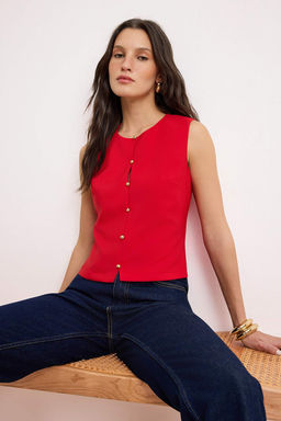 K?rm?z? Dugme Detayl? Onu Dikisli Dokuma Bluz TWOSS26BZ00412