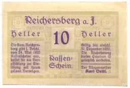 10 геллеров 1920 года Австрия Рейхенберг (нотгельд)