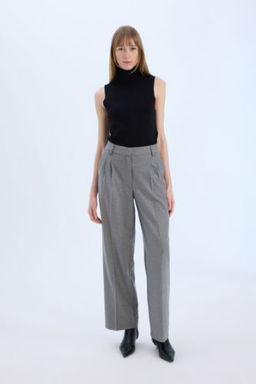 Wide Leg Yuksek Bel Genis Duz Paca Pensli Flanel Pantolon