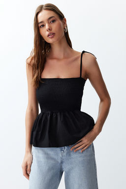 Siyah Pamuklu Poplin Detayl? Fitted Ask?l? Gipeli Esnek Orme Bluz TWOSS24BZ00393