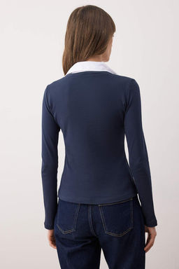 Lacivert Dokuma Detayl? Gomlek Yaka Regular/Normal Kal?p Orme Bluz TWOAW25BZ00035
