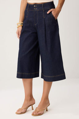 Koyu Mavi Yuksek Bel Genis Paca Kapri Jeans TWOSS26JE00308 - Trendyolmilla фото 3