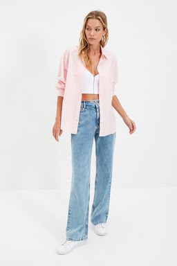 TRENDYOLMILLA Beyaz Tek Cepli Boyfriend/Genis Kal?p Pamuklu Dokuma Gomlek TWOAW20GO0115 фото 11