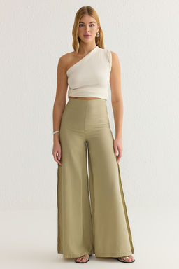 Mint Modal Wide Leg / Genis Paca Yuksek Bel Y?rtmacl? Dokuma Pantolon TWOSS25PL00006 Palazzo