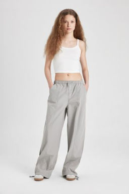 Poplin Pantolon Wide Leg Cift Cepli Yuksek Esnek Belli Standart Boy Ayarlanabilir Lastikli Paca