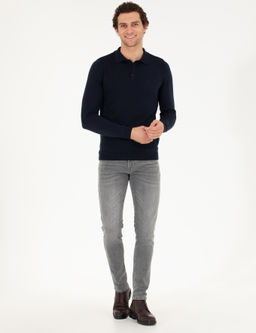 Базовый трикотажный свитер узкого кроя темно-синего цвета с воротником-поло - Cacharel фото 11