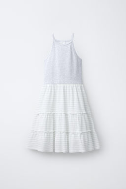 VESTIDO RIB VOLANTES / Blanco / Gris