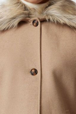 Bej C?kar?labilir Yaka Kurk Detayl? Regular Midi Yunlu Kaban TWOAW25KB00070