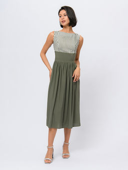 Платье цвета хаки длины миди с принтованным верхом и без рукавов - 1001dress фото 2