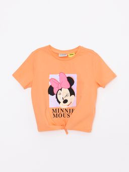 Bisiklet Yaka Minnie Mouse Bask?l? ?ift Y?nl? Payetli K?sa Kollu K?z ?ocuk Ti??rt