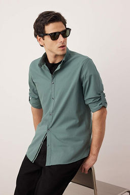 Koyu Ye_il D__meli Yaka Apoletli Slim Fit Uzun Kol %100 Pamuklu Keten G_r_n_ml_ G_mlek TMNSS20GO0189 - Trendyolmilla фото 2