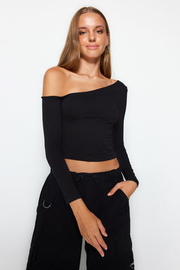 Siyah Tek Omuz Pamuklu Esnek Fitted/Vucuda Oturan Crop Orme Bluz TWOAW24BZ00099