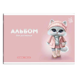Альбом для рисования 12 л, арт. 69854 КОШЕЧКА В ПАЛЬТО /А4 блок - белый офсет 100 г/м?, обложка - по