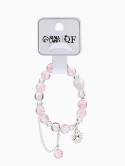 Браслет с подвесками «Сахарный» ромб, сердечко, шар №10, d=6 см, бело-розовый в серебре