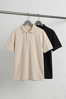 Siyah-Ta_ 2li Regular/Normal Kesim %100 Pamuklu Polo Yaka T-shirt TMNSS25PO00022