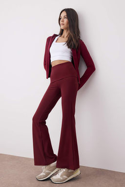 Bordo F?rcal? Soft Kumas Bel Katlama Detayl? Flare/Ispanyol Paca Yoga Orme Spor Tayt THMAW26TY00001