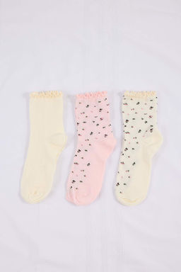 Ekru-Pembe 3lu Pamuklu Cicekli Baby Overloklu Jakar Orme Corap THMSS26CO00023