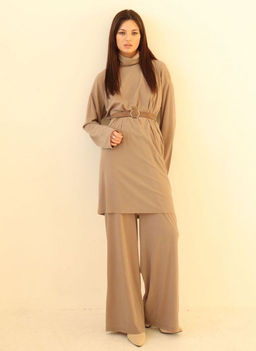 7366 Костюм трикотажный в стиле бохо серо-бежевый