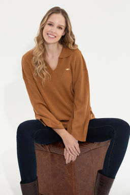 U. S. Polo Assn Женский свитер светло-коричневого цвета с v-образным вырезом меланжевого цвета