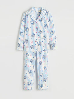 G?mlek Yaka Stitch Bask?l? K?z ?ocuk Pijama Tak?m?