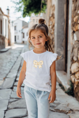 Beyaz K?z Cocuk %100 Pamuk Kurdele Desenli F?rf?rl? K?sa Kol Orme T-Shirt TKDSS24TS00006