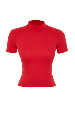 Trendyolmilla K?rm?z? Fitted/Vucuda Oturan Dik Yaka Crop Fitilli Esnek Orme Bluz TWOSS21BZ0780
