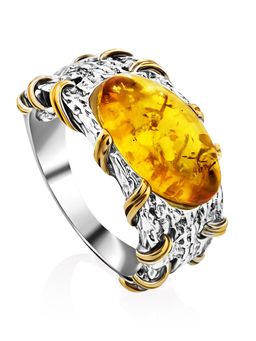 Кольцо в необычном дизайне из серебра и натурального янтаря Гвинея