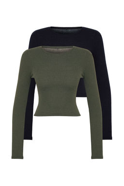 Siyah-Haki 2li Paket Fitted/Vucuda Oturan Bisiklet Yaka Crop Fitilli Esnek Orme Bluz TWOAW22BZ0331
