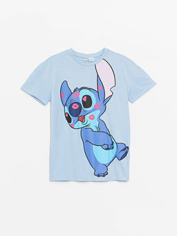 Bisiklet Yaka Lilo ve Stitch Bask?l? K?sa Kollu K?z ?ocuk Ti??rt