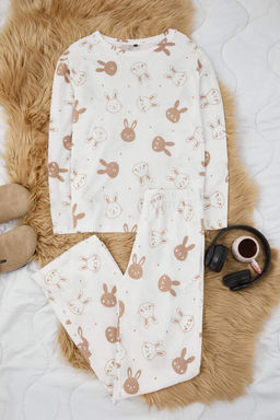 Ekru %100 Pamuk Tavsan Desenli Orme Pijama Tak?m? THMAW26PT00162 - Trendyolmilla фото 2