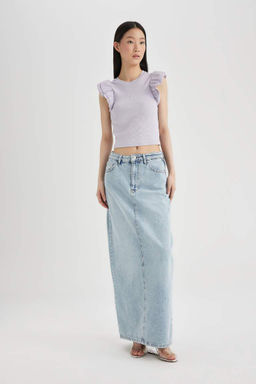 Облегающая футболка с круглым вырезом в рубчик и короткими рукавами - Defacto фото 2