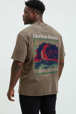 TRENDYOL MAN Buyuk Beden Vizon Orme Oversize/Genis Kesim Eskitme/Soluk Efektli %100 Pamuk T-shirt TMNSS25BF00016