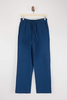 Lacivert M_slin Kuma_ Keten G_r_n_ml_ Yazl_k Beli Lastikli %100 Pamuklu Pantolon TMNSS25PL00031
