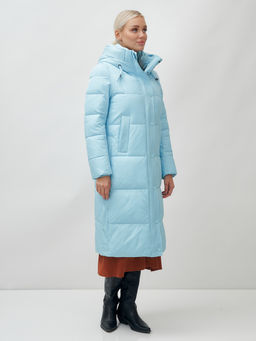 Пальто утепленное стеганное зимнее с капюшоном женское голубого цвета 9601Gl