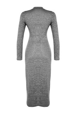 Antrasit Bisiklet Yaka Yumos Midi Y?rtmacl? ve Buzgu Detayl? Fitted Orme Elbise TWOAW24EL00246