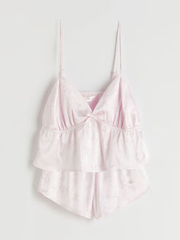 V Yaka Saten Kad?n ?ortlu Pijama Tak?m?