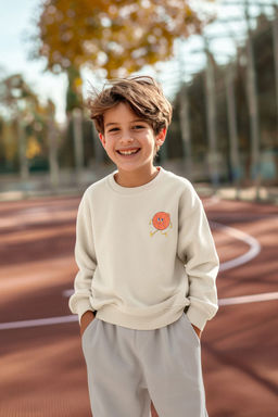 Bej Erkek Cocuk Mevsimlik-Ince Eglenceli Desenli Bisiklet Yaka Orme Sweatshirt TKDAW25SW00005