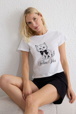 Trendyolmilla Beyaz Kedi ve Kurdele/Fiyonk Bask?l? Sortlu Orme Pijama Tak?m? THMSS25PT00203  фото 2