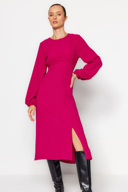 Fusya Belden Ac?lan Midi Volumlu Kol Detayl? Dokuma Elbise TWOAW24EL00423 - Trendyolmilla фото 3