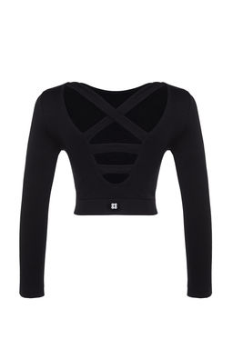 Trendyolmilla Siyah Seamless/Dikissiz S?rt ve Reflektor Bask? Detayl? Crop Orme Spor Ust/Bluz THMAW24BZ00023