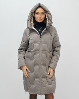 Пальто зимнее утепленное с капюшоном женское серого цвета 7638Sr