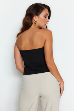 Siyah Slim Fit Straplez Crop Dokuma Yelek TWOAW24YE00034