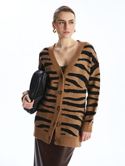 V Yaka Zebra Desenli Kad?n Triko H?rka