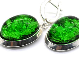Комплект с янтарём "буранит" в посеребрении кольцо, серьги овал 18*23мм зеленый