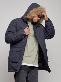Парка мужская зимняя удлиненная с мехом темно-синего цвета 8318TS