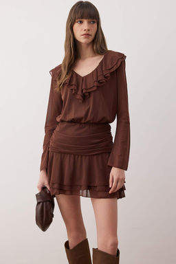 Kahverengi Duz Volanl? / F?rf?rl? Ekstra K?sa / Super Mini Orme Elbise TWOAW26EL00332 - Trendyolmilla фото 2