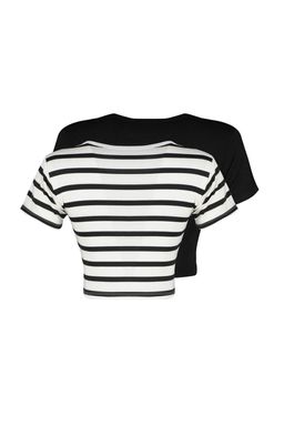 Trendyolmilla Premium Ekru-Ekru Kahverengi Cizgili 2li Paket Viskoz Crop Esnek Orme Bluz TWOSS23BZ00194  фото 22